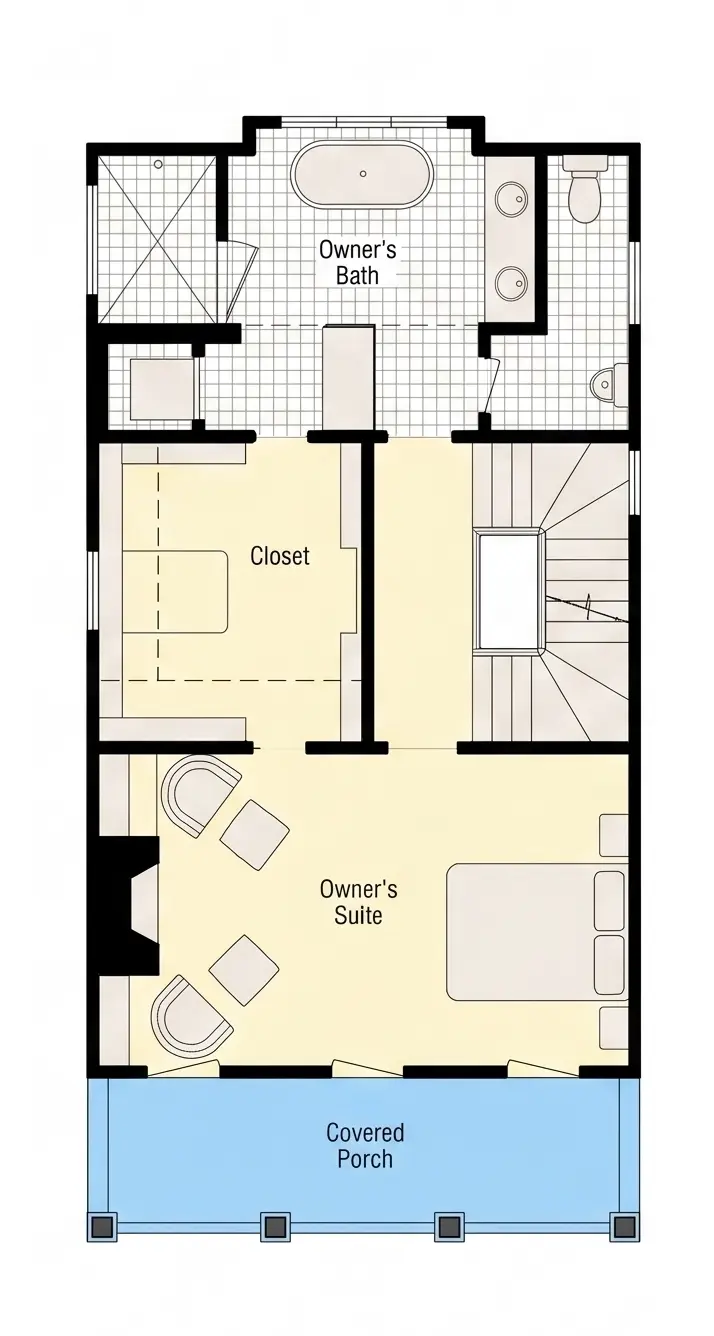 2. stāvs 9 – Trīsstāvu mājas projekts 211 m²: 3 Guļamistabas, Darba istaba, 3 Vannasistabas, Atvērta virtuve, bez Garāžas — 40783R