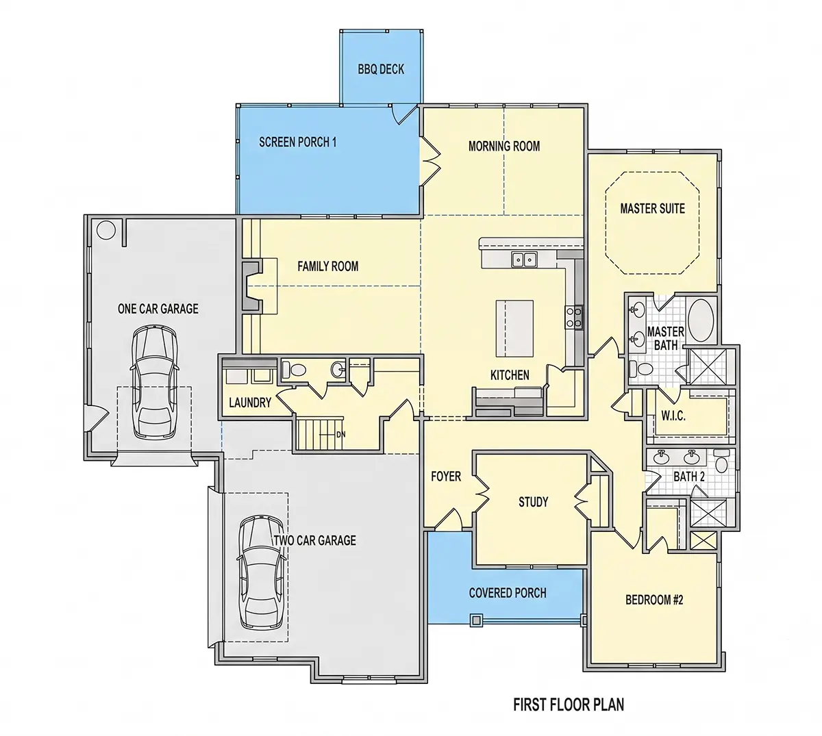 1. stāvs 16 – Mājas projekts ar mansardu 277 m²: 3 Guļamistabas, Darba istaba, 4 Vannasistabas, Atvērta virtuve, Garāža — 69010R