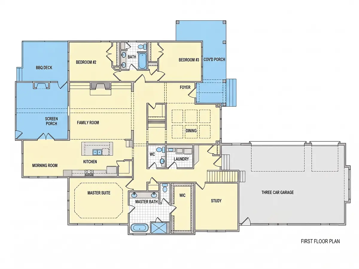 1. stāvs 9 – Mājas projekts ar mansardu 326 m²: 4 Guļamistabas, Darba istaba, 4 Vannasistabas, Atvērta virtuve, Garāža — 84955R