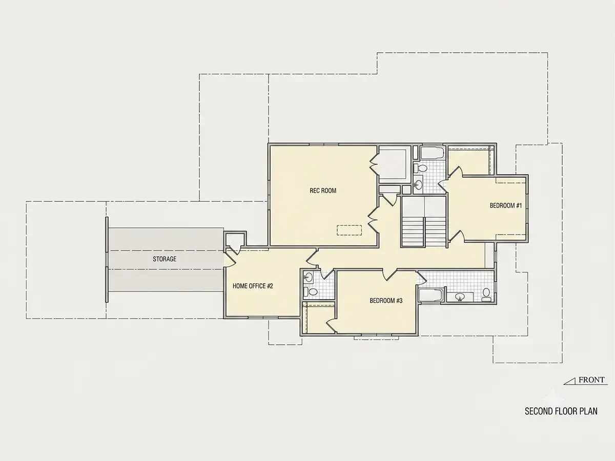 2. stāvs 12 – Divstāvu mājas projekts 375 m²: 4 Guļamistabas, Darba istaba, 6 Vannasistabas, Atvērta virtuve, Garāža — 79750R