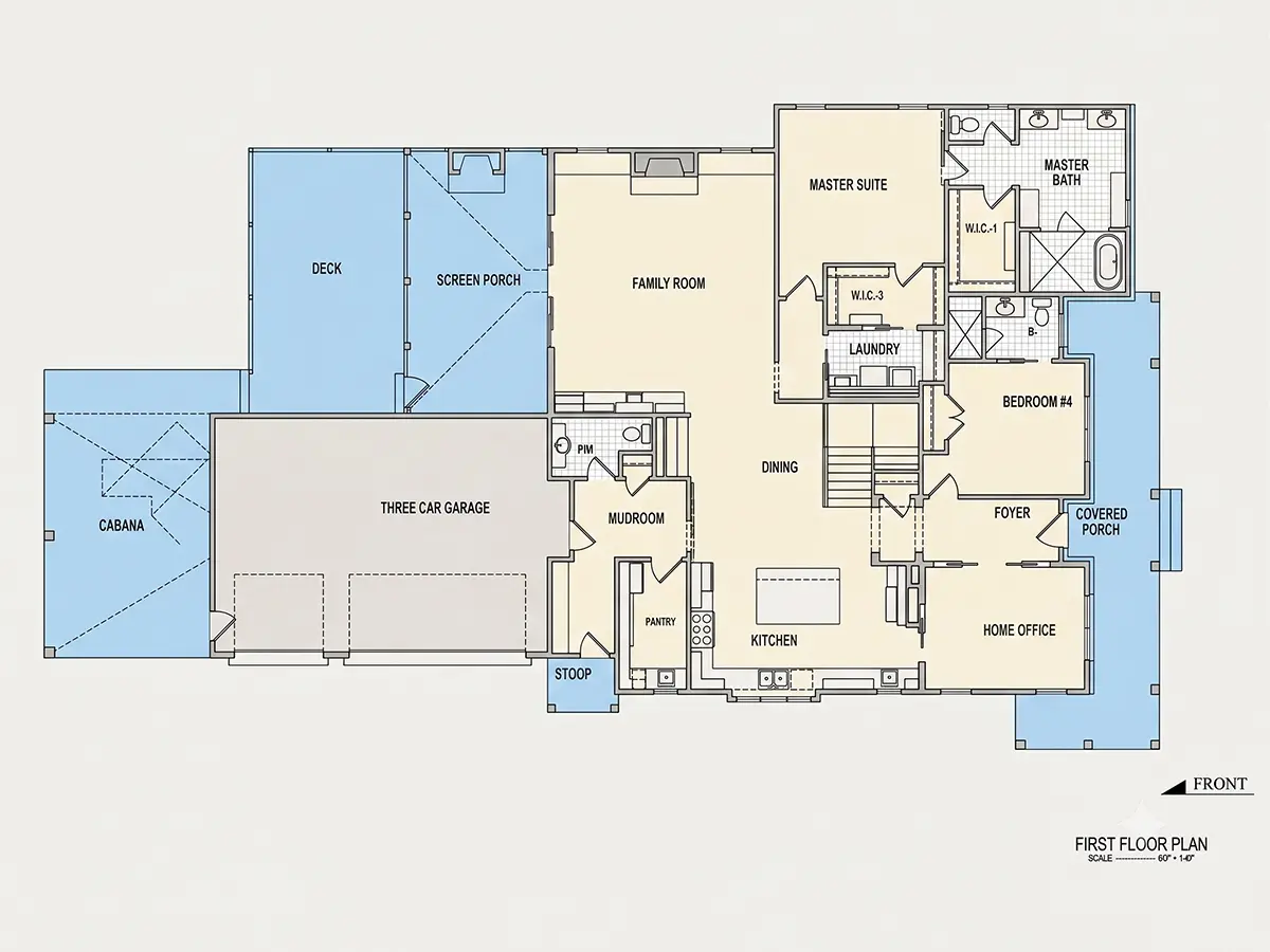 1. stāvs 11 – Divstāvu mājas projekts 375 m²: 4 Guļamistabas, Darba istaba, 6 Vannasistabas, Atvērta virtuve, Garāža — 79750R