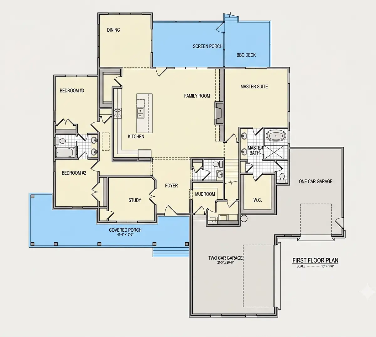 1. stāvs 23 – Mājas projekts ar mansardu 297 m²: 4 Guļamistabas, Darba istaba, 4 Vannasistabas, Atvērta virtuve, Garāža — 74644R