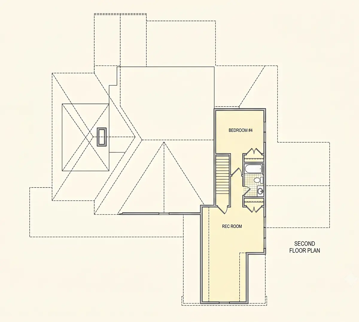2. stāvs 24 – Mājas projekts ar mansardu 297 m²: 4 Guļamistabas, Darba istaba, 4 Vannasistabas, Atvērta virtuve, Garāža — 74644R