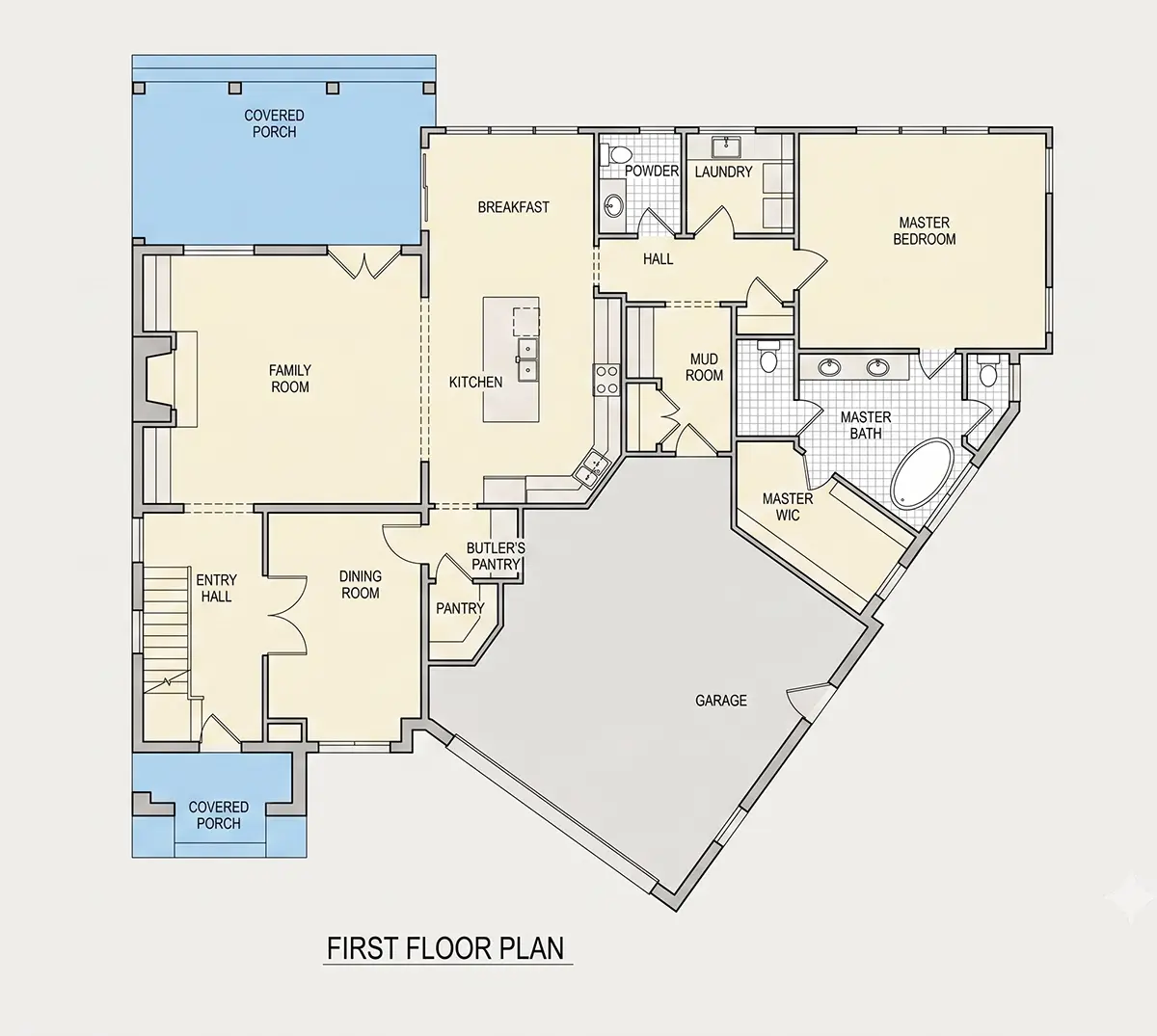 1. stāvs 8 – Mājas projekts ar mansardu 357 m²: 4 Guļamistabas, 5 Vannasistabas, Atvērta virtuve, Garāža — 72099R