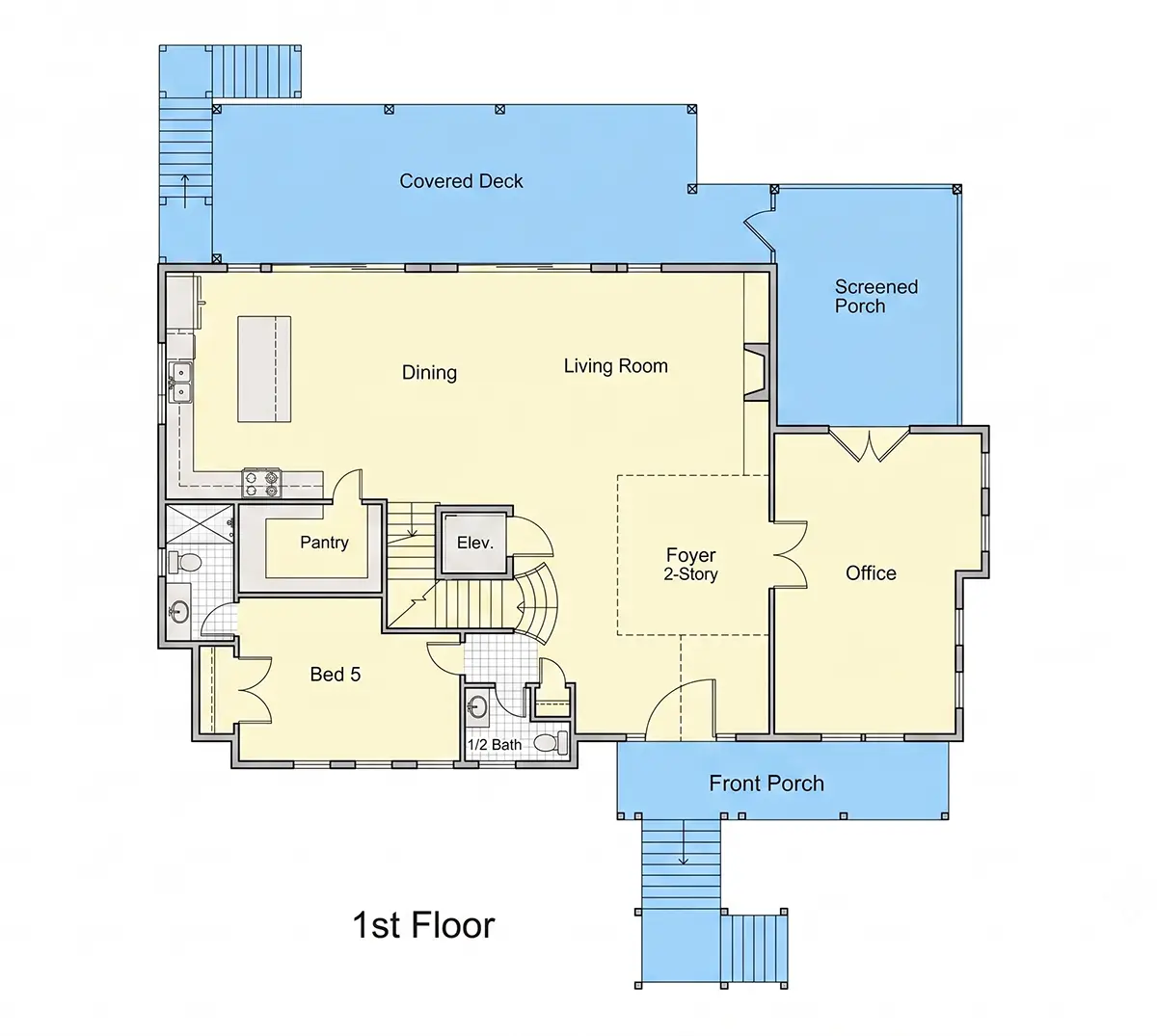 1. stāvs 10 – Trīsstāvu mājas projekts 378 m²: 5 Guļamistabas, Darba istaba, 6 Vannasistabas, Atvērta virtuve, Garāža — 11942R