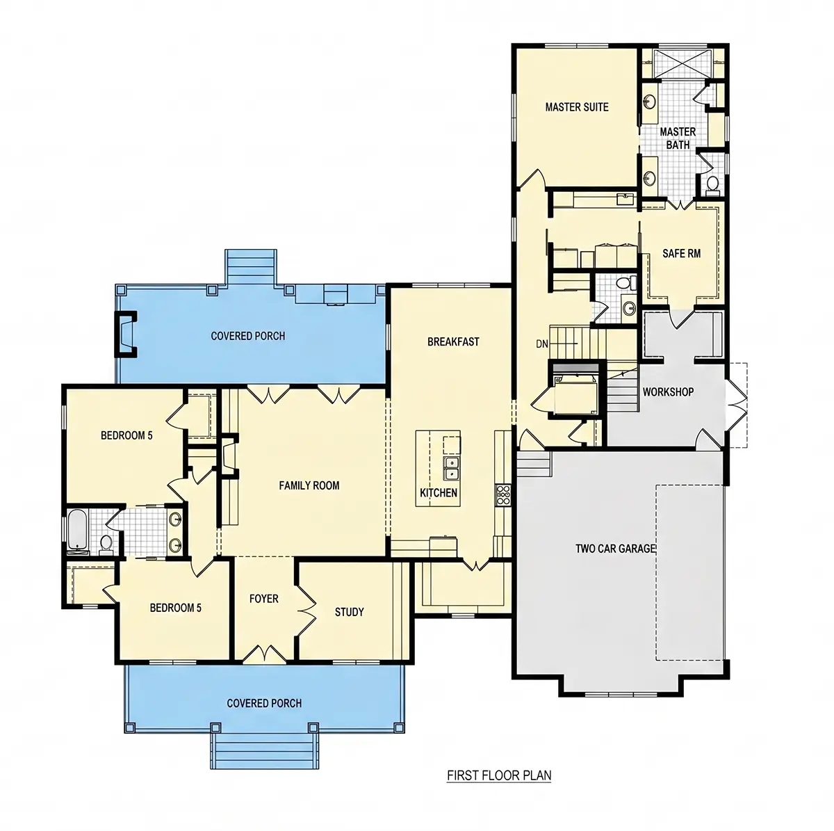 1. stāvs 12 – Mājas projekts ar mansardu 317 m²: 4 Guļamistabas, Darba istaba, 4 Vannasistabas, Atvērta virtuve, Garāža — 29008R