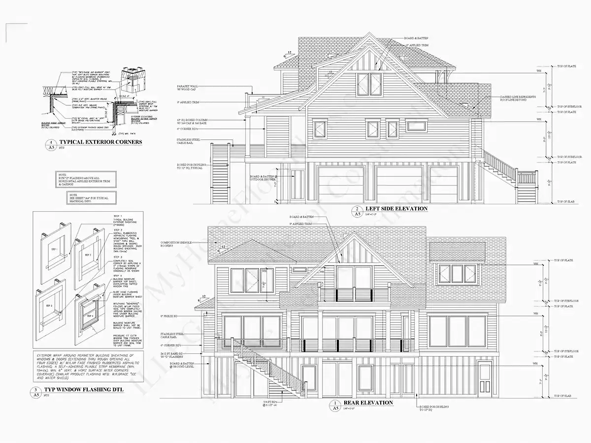 Fasādes 7 – Trīsstāvu mājas projekts 377 m²: 4 Guļamistabas, Darba istaba, 5 Vannasistabas, Garāža — 89611R