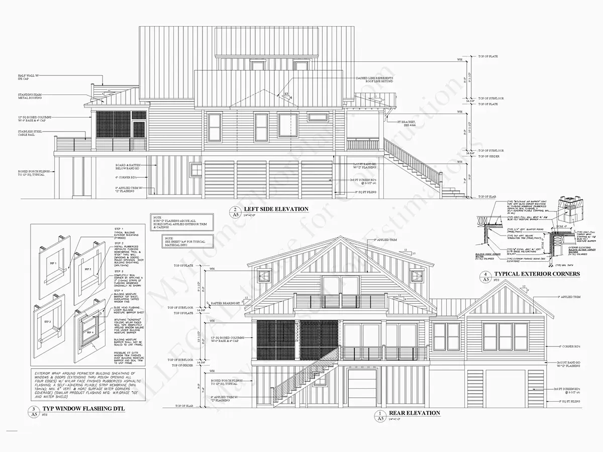 Fasādes 5 – Trīsstāvu mājas projekts 340 m²: 3 Guļamistabas, Darba istaba, 4 Vannasistabas, Atvērta virtuve, Garāža — 80087R