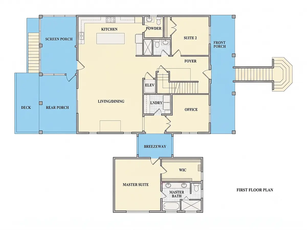 1. stāvs 8 – Trīsstāvu mājas projekts 340 m²: 3 Guļamistabas, Darba istaba, 4 Vannasistabas, Atvērta virtuve, Garāža — 80087R