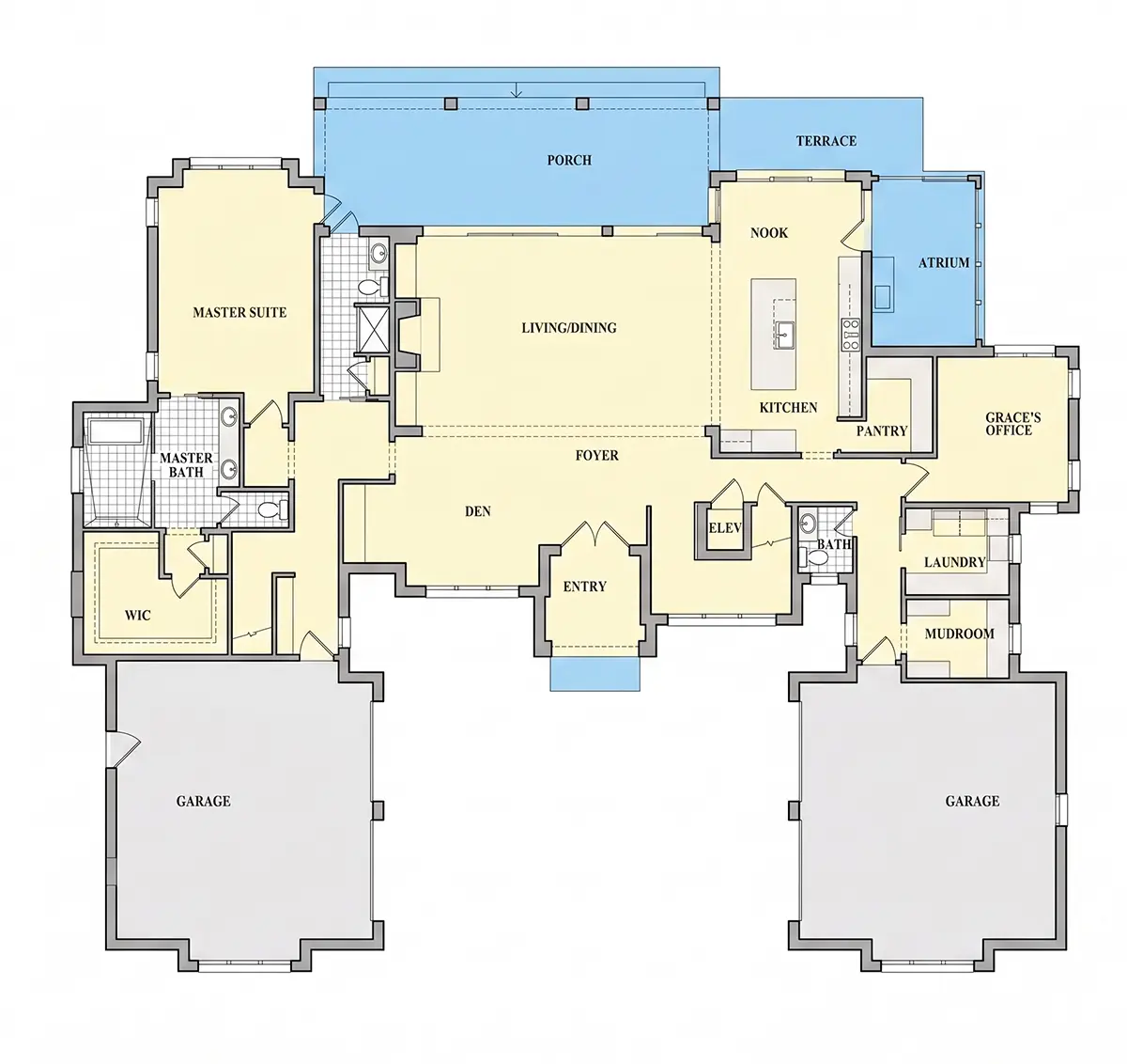 1. stāvs 9 – Mājas projekts ar mansardu 480 m²: 4 Guļamistabas, Darba istaba, 7 Vannasistabas, Atvērta virtuve, Garāža — 22786R