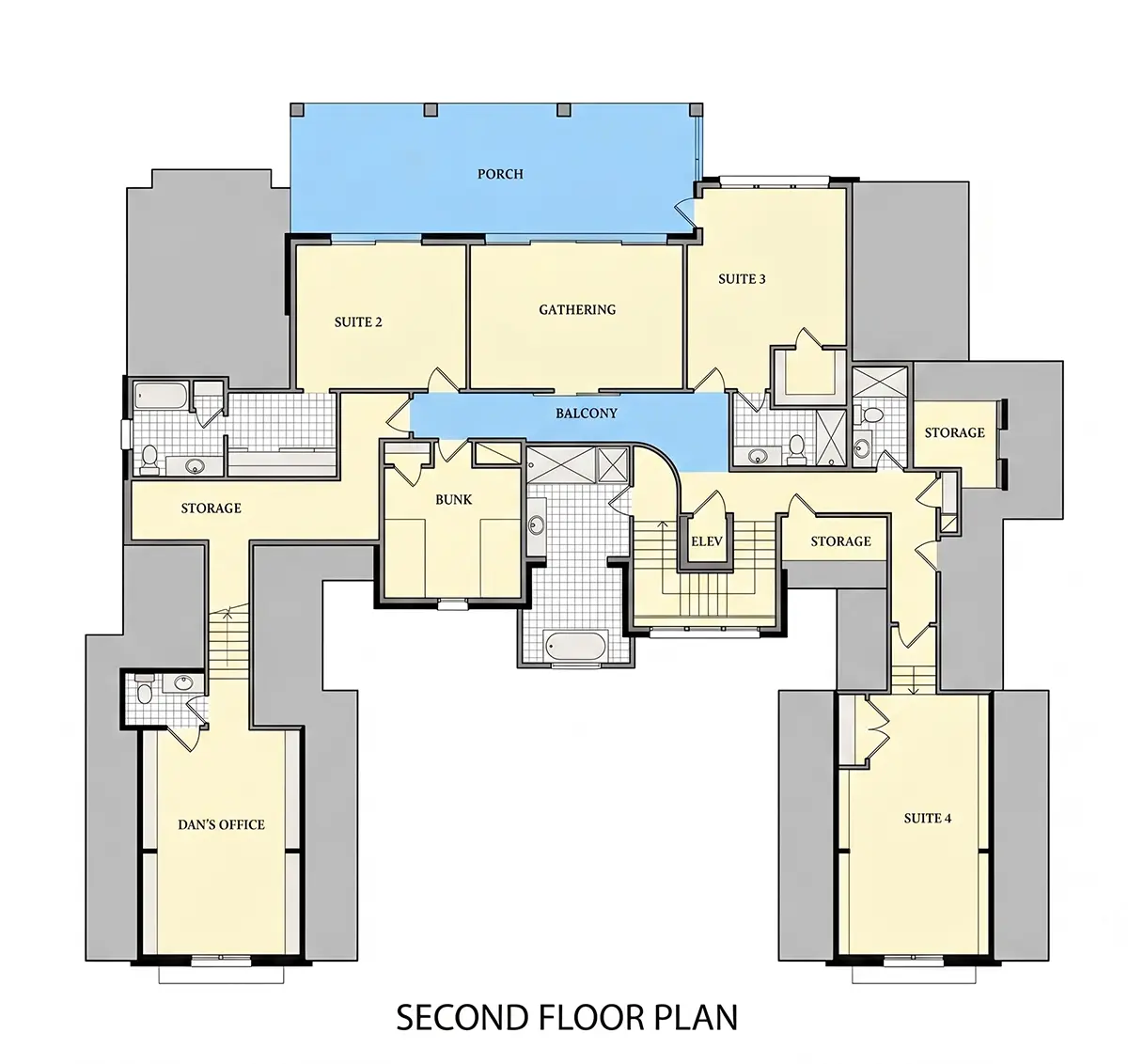 2. stāvs 10 – Mājas projekts ar mansardu 480 m²: 4 Guļamistabas, Darba istaba, 7 Vannasistabas, Atvērta virtuve, Garāža — 22786R