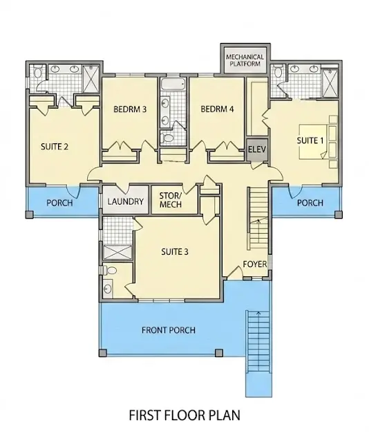 1. stāvs 7 – Trīsstāvu mājas projekts 273 m²: 5 Guļamistabas, Darba istaba, 5 Vannasistabas, Atvērta virtuve, Garāža — 98339R
