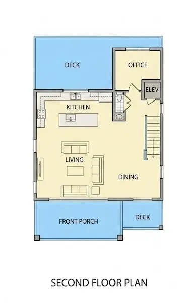 2. stāvs 8 – Trīsstāvu mājas projekts 273 m²: 5 Guļamistabas, Darba istaba, 5 Vannasistabas, Atvērta virtuve, Garāža — 98339R