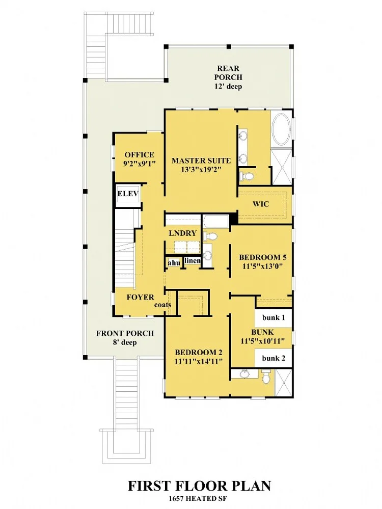 1. stāvs 14 – Trīsstāvu mājas projekts 279 m²: 4 Guļamistabas, Darba istaba, 5 Vannasistabas, Atvērta virtuve, Garāža — 21358R