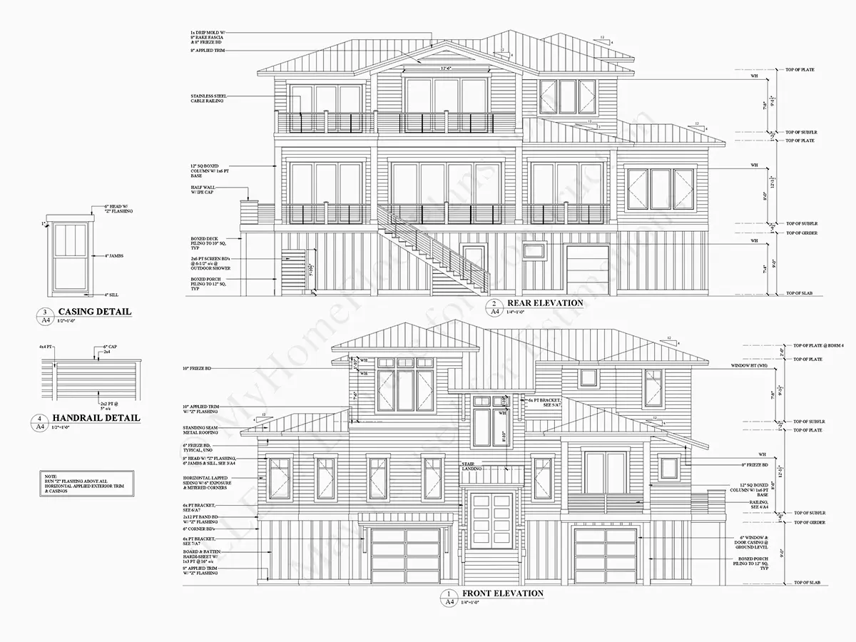 Fasādes 5 – Trīsstāvu mājas projekts 382 m²: 4 Guļamistabas, Darba istaba, 4 Vannasistabas, Atvērta virtuve, Garāža — 24376R