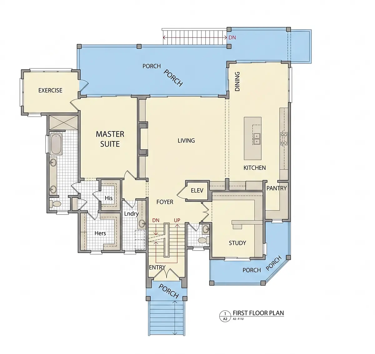 1. stāvs 8 – Trīsstāvu mājas projekts 382 m²: 4 Guļamistabas, Darba istaba, 4 Vannasistabas, Atvērta virtuve, Garāža — 24376R