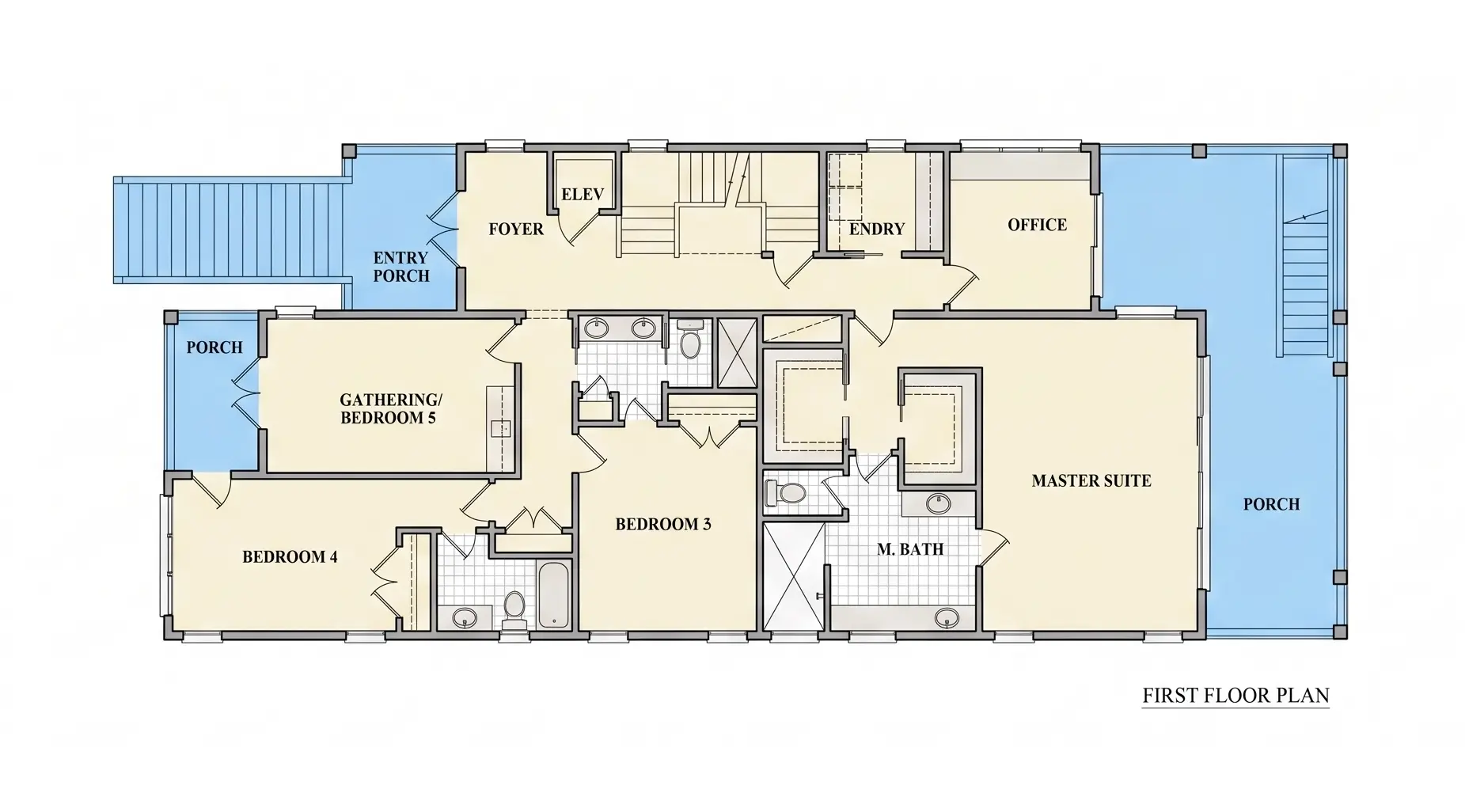 1. stāvs 31 – Trīsstāvu mājas projekts 446 m²: 5 Guļamistabas, Darba istaba, 6 Vannasistabas, Atvērta virtuve, Garāža — 96183R