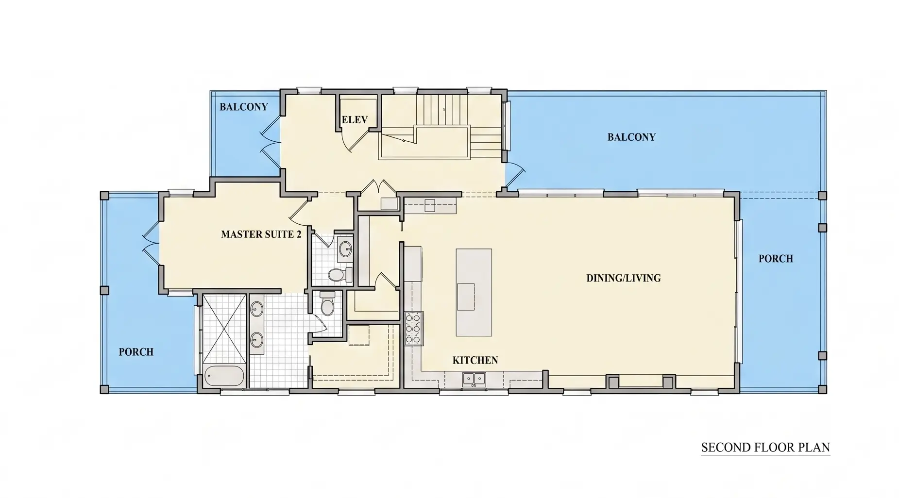 2. stāvs 32 – Trīsstāvu mājas projekts 446 m²: 5 Guļamistabas, Darba istaba, 6 Vannasistabas, Atvērta virtuve, Garāža — 96183R