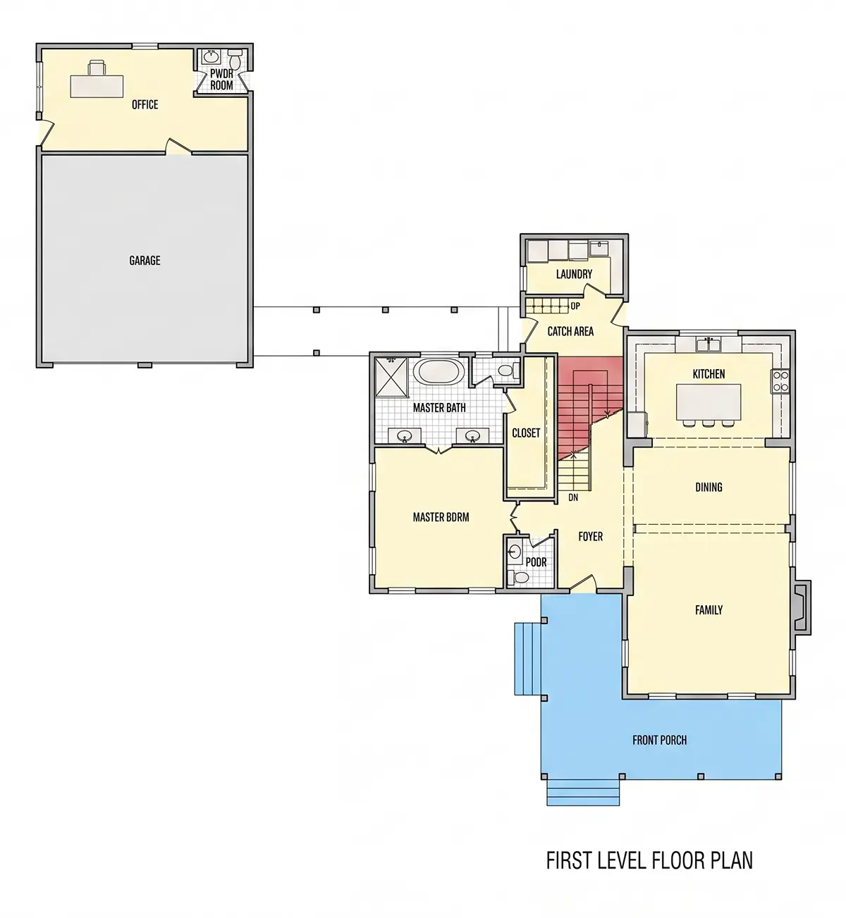 1. stāvs 8 – Divstāvu mājas projekts 275 m²: 3 Guļamistabas, Darba istaba, 5 Vannasistabas, Atvērta virtuve, Garāža — 85873R
