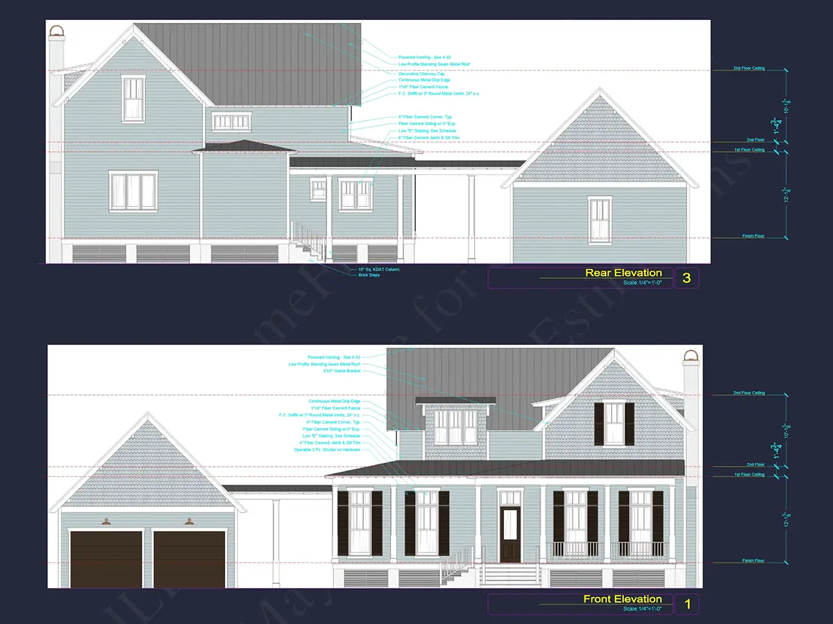 Fasādes 6 – Divstāvu mājas projekts 275 m²: 3 Guļamistabas, Darba istaba, 5 Vannasistabas, Atvērta virtuve, Garāža — 85873R