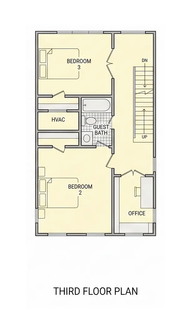 3. stāvs 10 – Trīsstāvu mājas projekts 200 m²: 3 Guļamistabas, Darba istaba, 3 Vannasistabas, Atvērta virtuve, bez Garāžas — 94090R