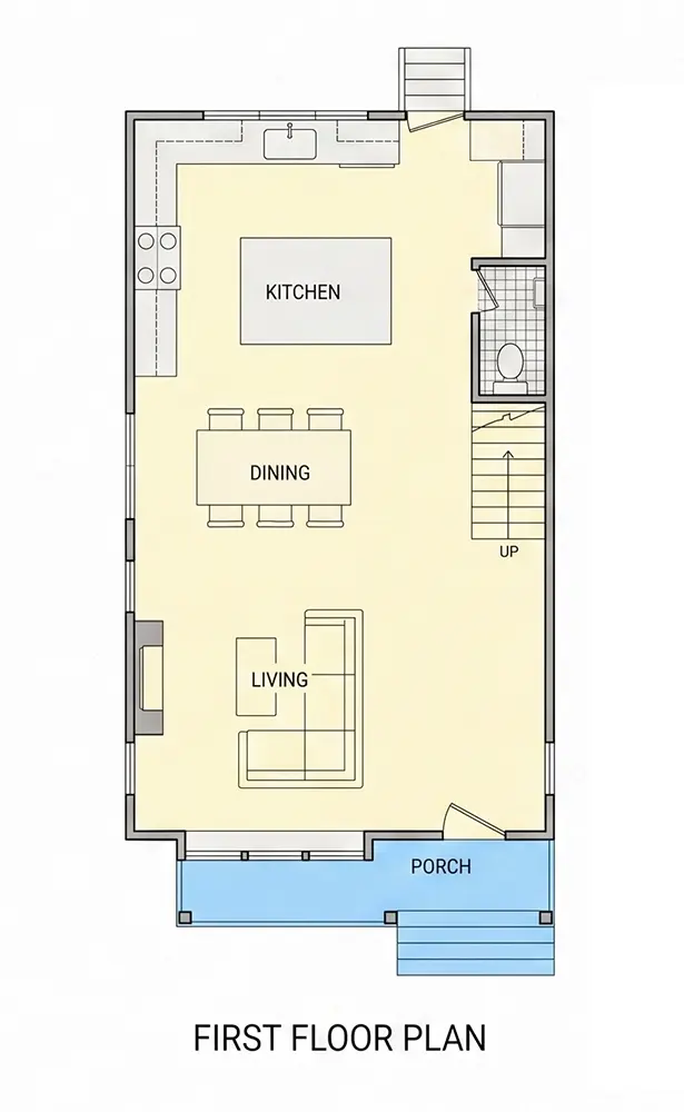 1. stāvs 8 – Trīsstāvu mājas projekts 200 m²: 3 Guļamistabas, Darba istaba, 3 Vannasistabas, Atvērta virtuve, bez Garāžas — 94090R