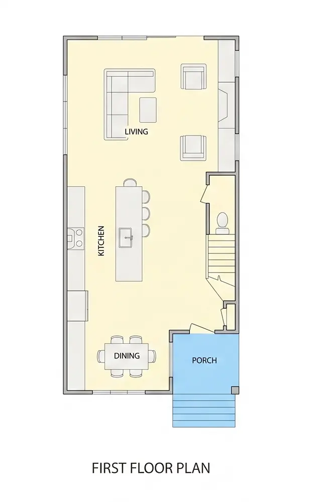1. stāvs 9 – Trīsstāvu mājas projekts 209 m²: 3 Guļamistabas, Darba istaba, 4 Vannasistabas, Atvērta virtuve, bez Garāžas — 24064R