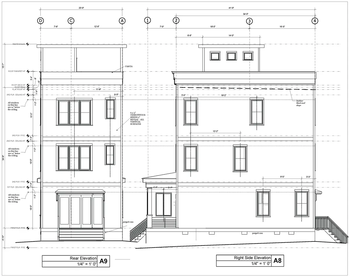 Fasādes 6 – Trīsstāvu mājas projekts 209 m²: 3 Guļamistabas, Darba istaba, 4 Vannasistabas, Atvērta virtuve, bez Garāžas — 24064R