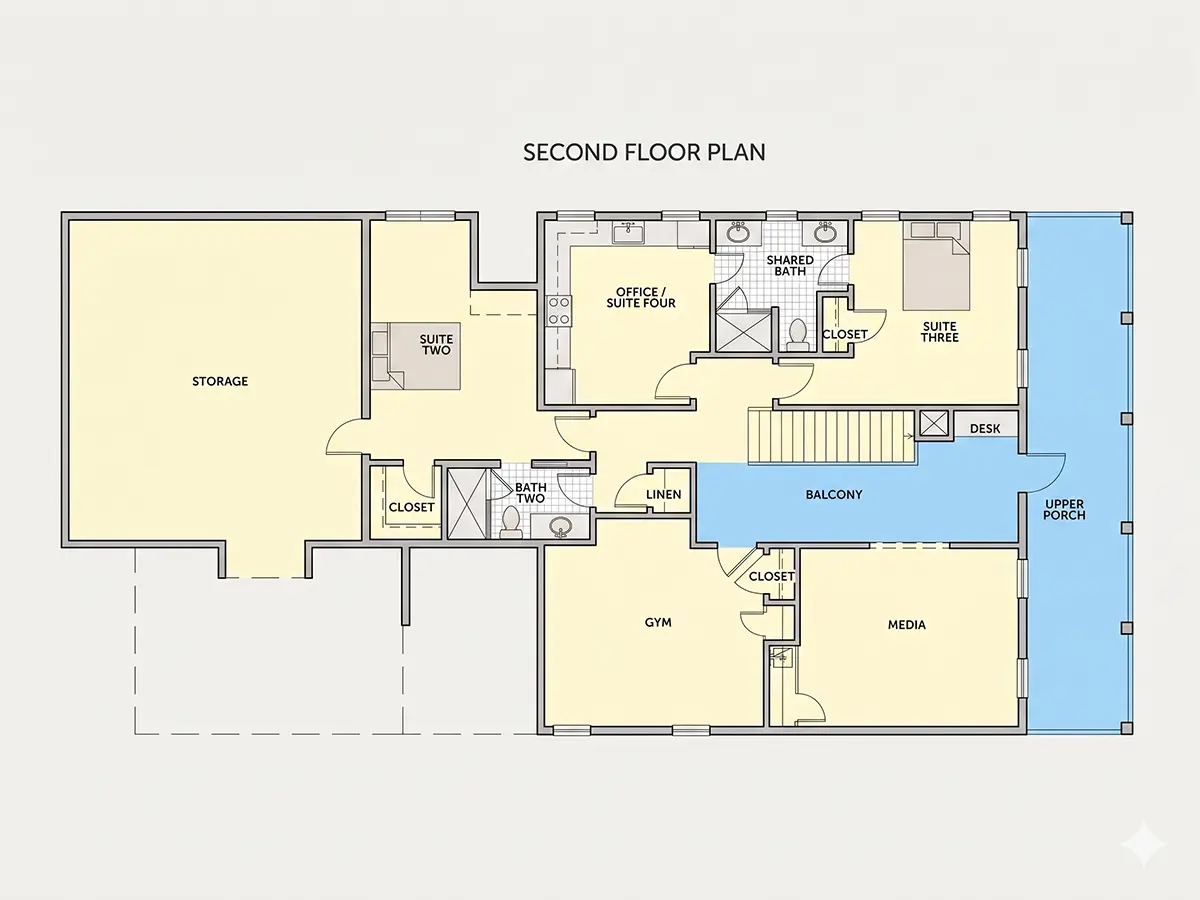 2. stāvs 10 – Divstāvu mājas projekts 384 m²: 3 Guļamistabas, 4 Vannasistabas, Garāža — 61518R