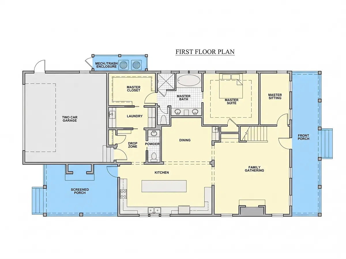 1. stāvs 9 – Divstāvu mājas projekts 384 m²: 3 Guļamistabas, 4 Vannasistabas, Garāža — 61518R