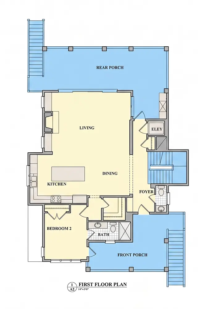 1. stāvs 9 – Trīsstāvu mājas projekts 430 m²: 4 Guļamistabas, Darba istaba, 5 Vannasistabas, Atvērta virtuve, Garāža — 49560R