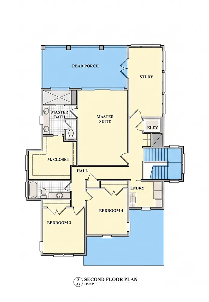 2. stāvs 10 – Trīsstāvu mājas projekts 430 m²: 4 Guļamistabas, Darba istaba, 5 Vannasistabas, Atvērta virtuve, Garāža — 49560R
