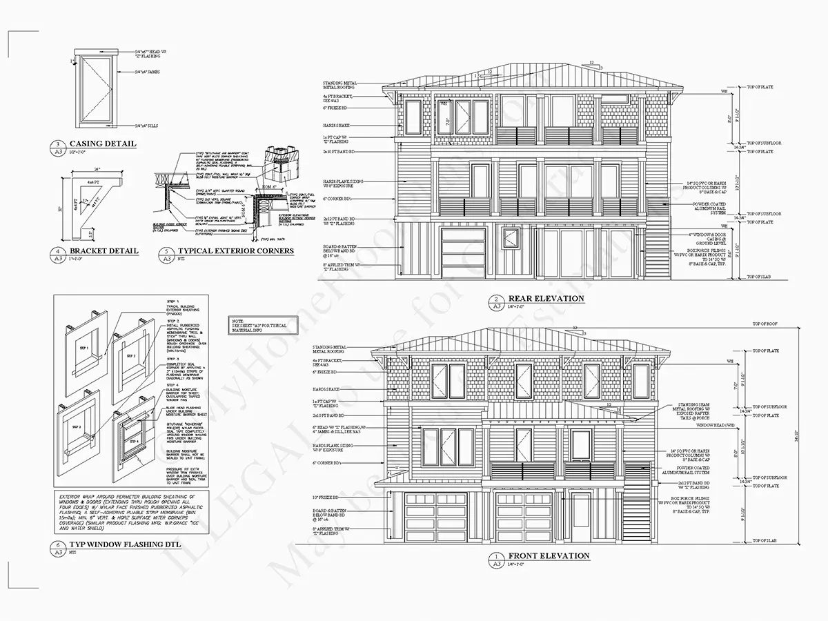 Fasādes 6 – Trīsstāvu mājas projekts 430 m²: 4 Guļamistabas, Darba istaba, 5 Vannasistabas, Atvērta virtuve, Garāža — 49560R