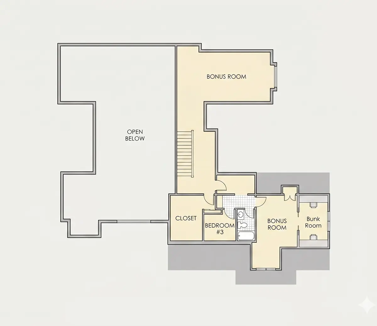 2. stāvs 11 – Mājas projekts ar mansardu 252 m²: 2 Guļamistabas, Darba istaba, 5 Vannasistabas, Atvērta virtuve, Garāža — 77130R