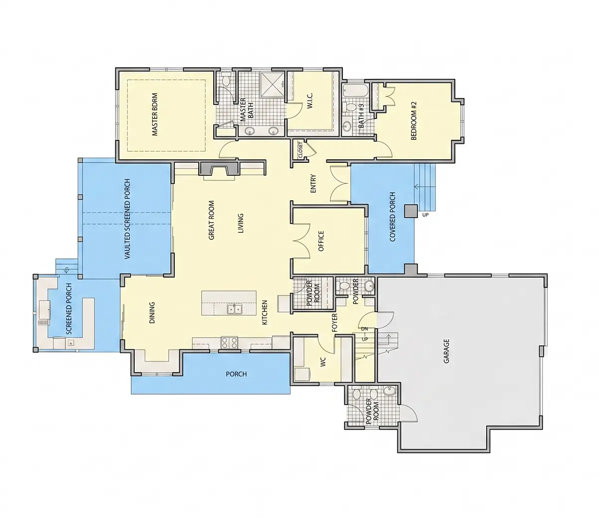 1. stāvs 10 – Mājas projekts ar mansardu 252 m²: 2 Guļamistabas, Darba istaba, 5 Vannasistabas, Atvērta virtuve, Garāža — 77130R