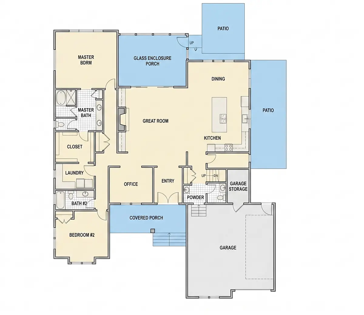 1. stāvs 23 – Mājas projekts ar mansardu 304 m²: 3 Guļamistabas, Darba istaba, 4 Vannasistabas, Atvērta virtuve, Garāža — 17048R