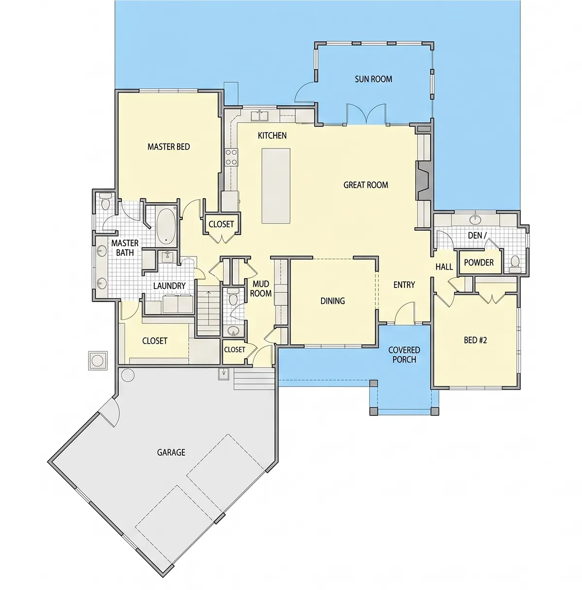 1. stāvs 6 – Mājas projekts ar mansardu 263 m²: 4 Guļamistabas, 4 Vannasistabas, Atvērta virtuve, Garāža — 44273R