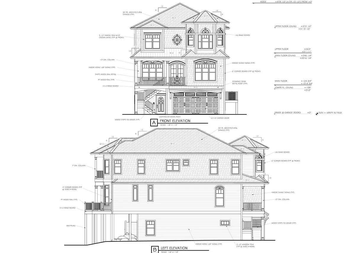 Fasādes 12 – Trīsstāvu mājas projekts 355 m²: 4 Guļamistabas, Darba istaba, 4 Vannasistabas, Atvērta virtuve, Garāža — 13825R