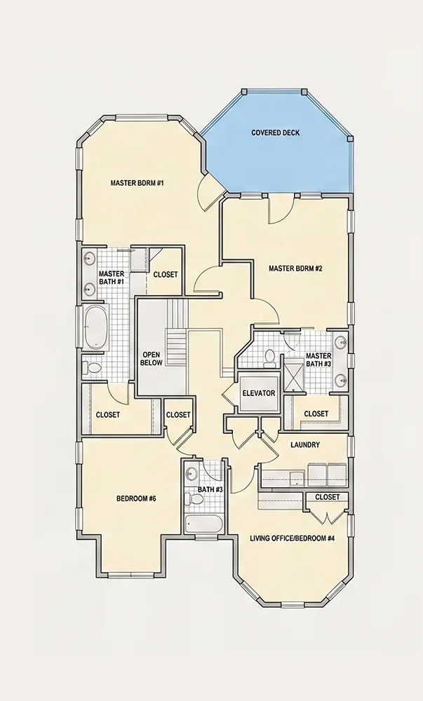 2. stāvs 15 – Trīsstāvu mājas projekts 355 m²: 4 Guļamistabas, Darba istaba, 4 Vannasistabas, Atvērta virtuve, Garāža — 13825R