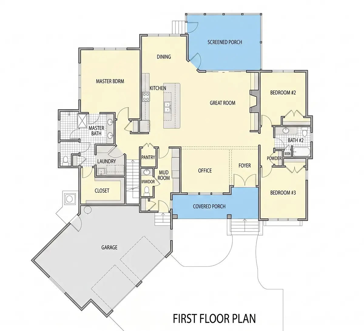 1. stāvs 18 – Mājas projekts ar mansardu 270 m²: 3 Guļamistabas, Darba istaba, 4 Vannasistabas, Atvērta virtuve, Garāža — 39461R