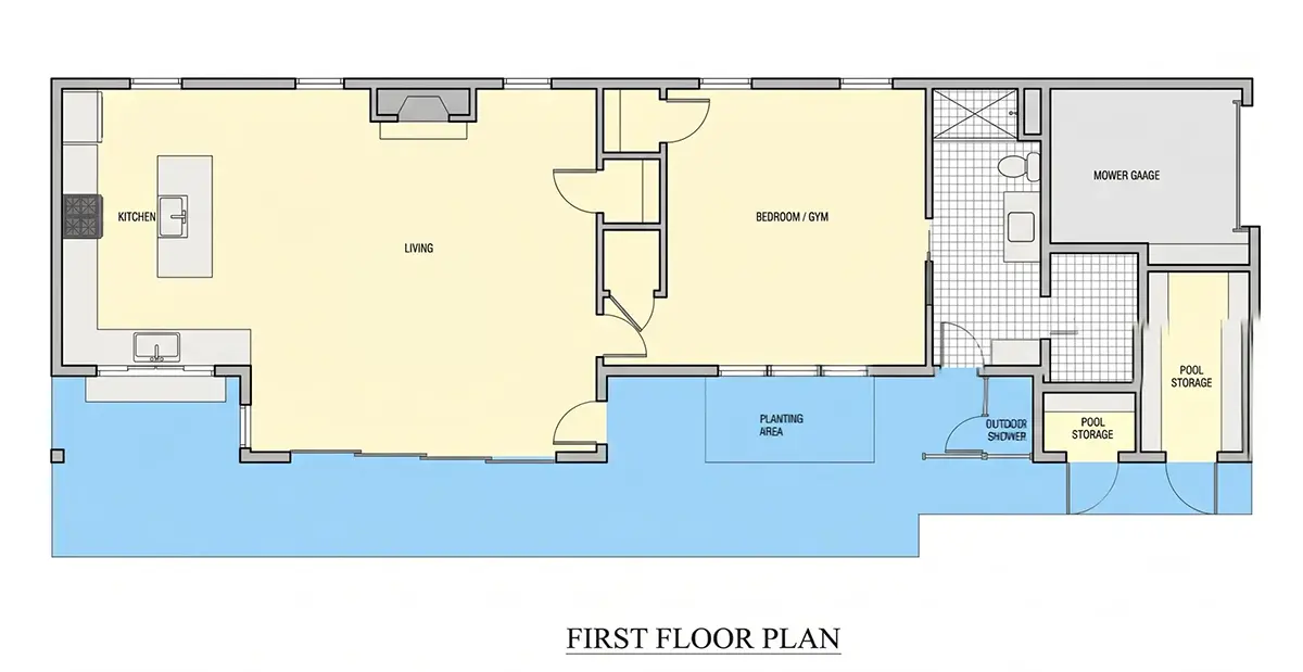 1. stāvs 8 – Vienstāva mājas projekts 109 m²: 1 Guļamistabas, 1 Vannasistabas, Atvērta virtuve, Garāža — 82483R