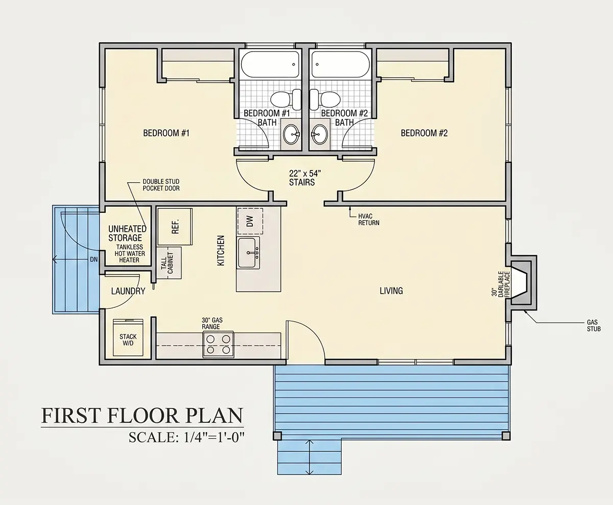 1. stāvs 6 – Vienstāva mājas projekts 70 m²: 2 Guļamistabas, 2 Vannasistabas, Atvērta virtuve, bez Garāžas — 10449R