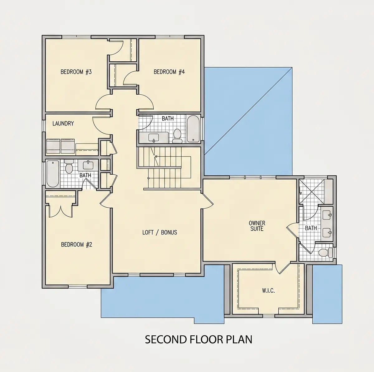 2. stāvs 9 – Divstāvu mājas projekts 246 m²: 4 Guļamistabas, Darba istaba, 4 Vannasistabas, Atvērta virtuve, Garāža — 14228R