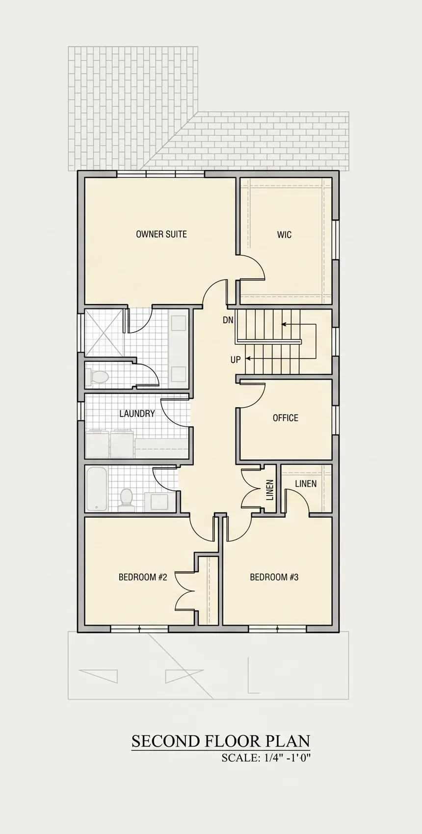 2. stāvs 11 – Divstāvu mājas projekts + pagrabu 274 m²: 4 Guļamistabas, Darba istaba, 4 Vannasistabas, Atvērta virtuve, Garāža — 57702R