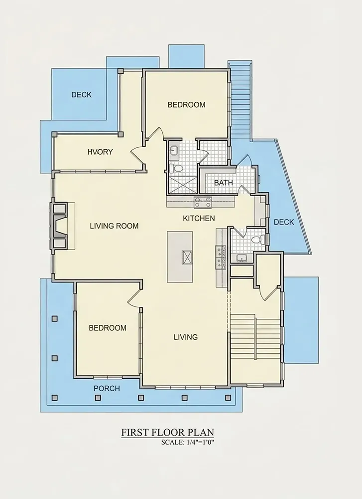 1. stāvs 9 – Trīsstāvu mājas projekts 282 m²: 3 Guļamistabas, Darba istaba, 5 Vannasistabas, Atvērta virtuve, Garāža — 55837R