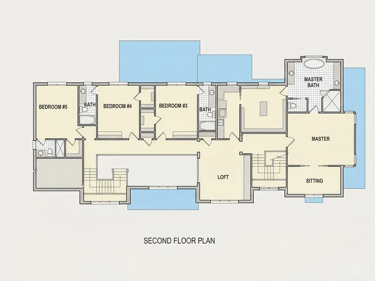 2. stāvs 10 – Divstāvu mājas projekts + pagrabu 632 m²: 5 Guļamistabas, Darba istaba, 6 Vannasistabas, Atvērta virtuve, Garāža — 85765R