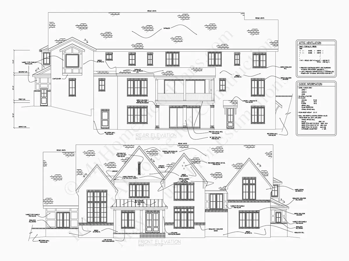 Fasādes 6 – Divstāvu mājas projekts + pagrabu 632 m²: 5 Guļamistabas, Darba istaba, 6 Vannasistabas, Atvērta virtuve, Garāža — 85765R