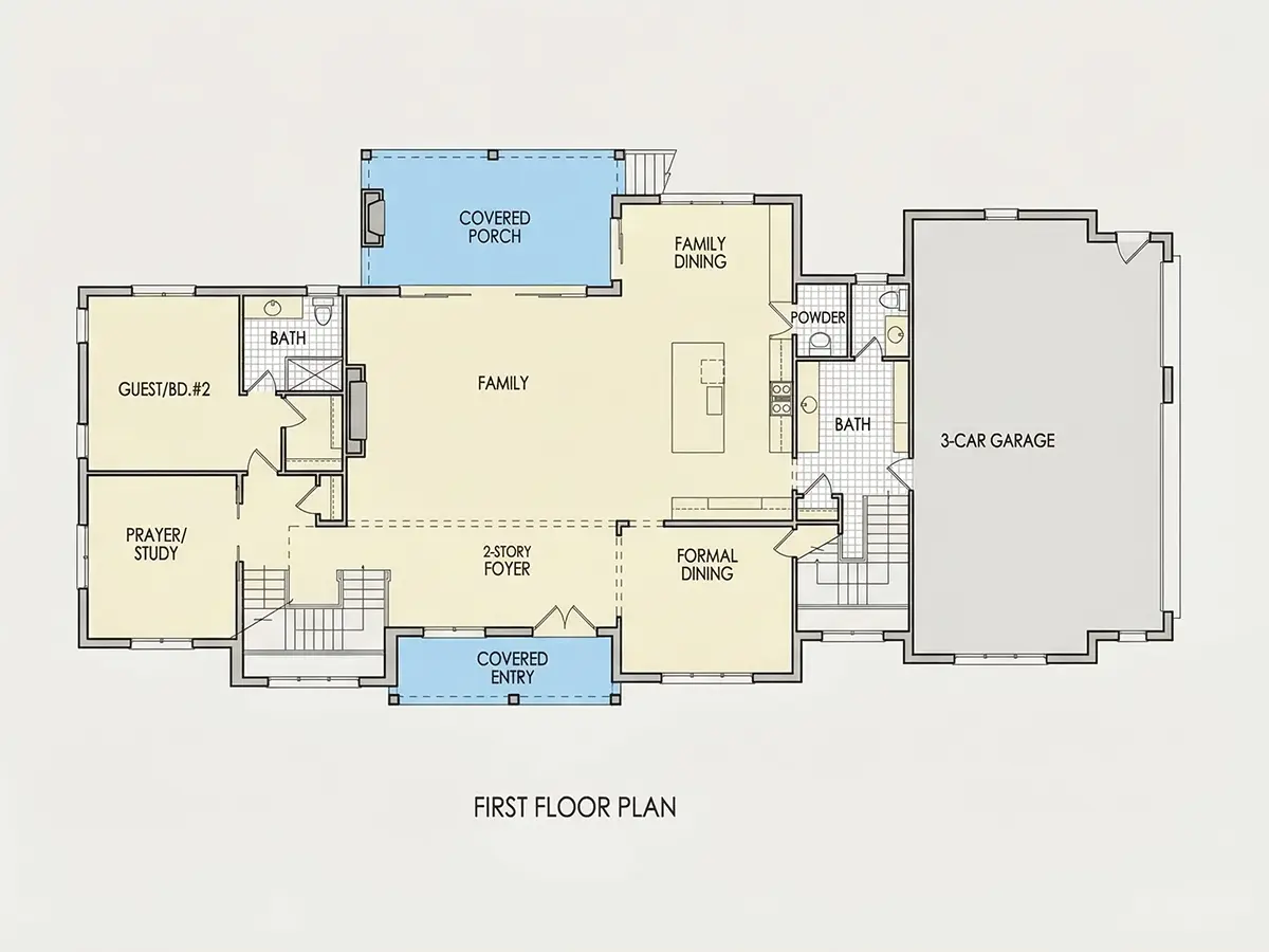 1. stāvs 9 – Divstāvu mājas projekts + pagrabu 632 m²: 5 Guļamistabas, Darba istaba, 6 Vannasistabas, Atvērta virtuve, Garāža — 85765R