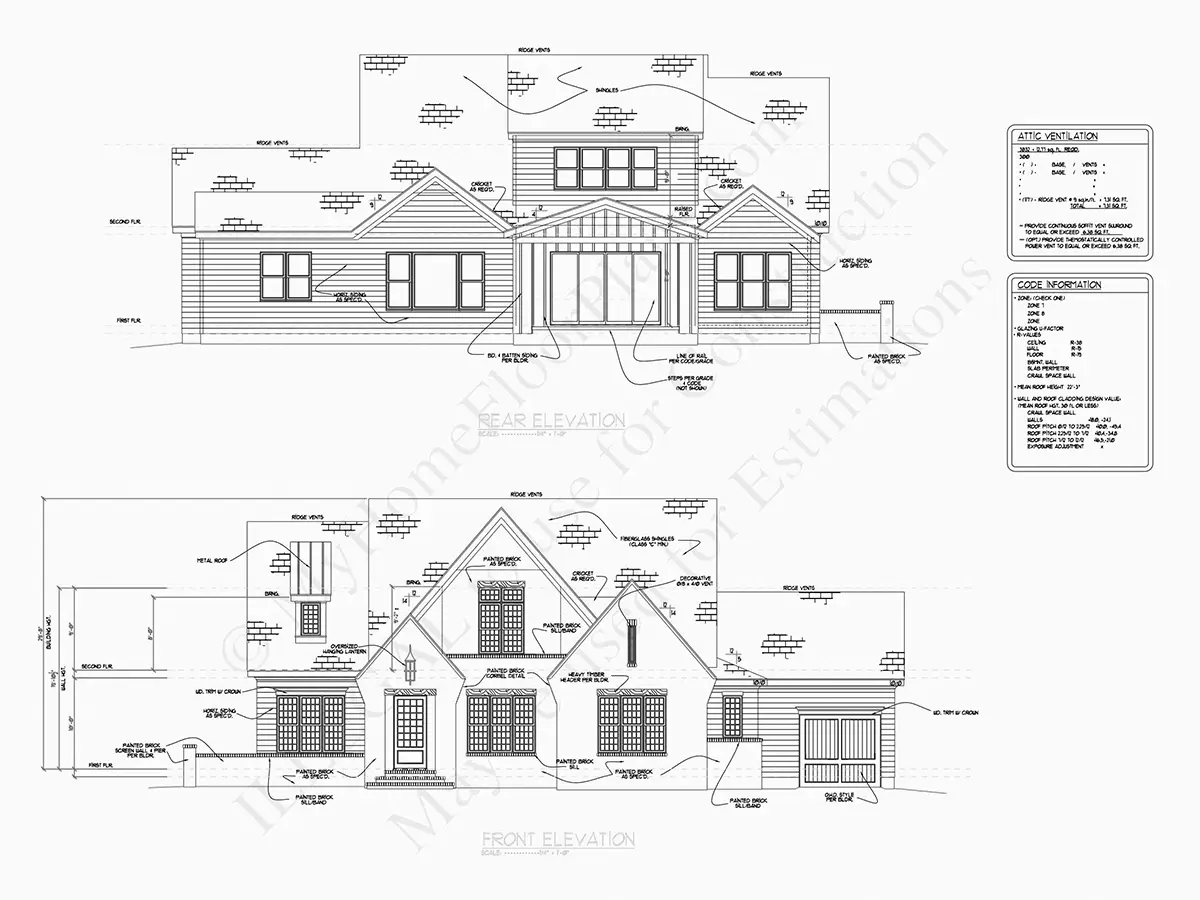 Fasādes 6 – Mājas projekts ar mansardu 379 m²: 4 Guļamistabas, Darba istaba, 6 Vannasistabas, Atvērta virtuve, Garāža — 15265R