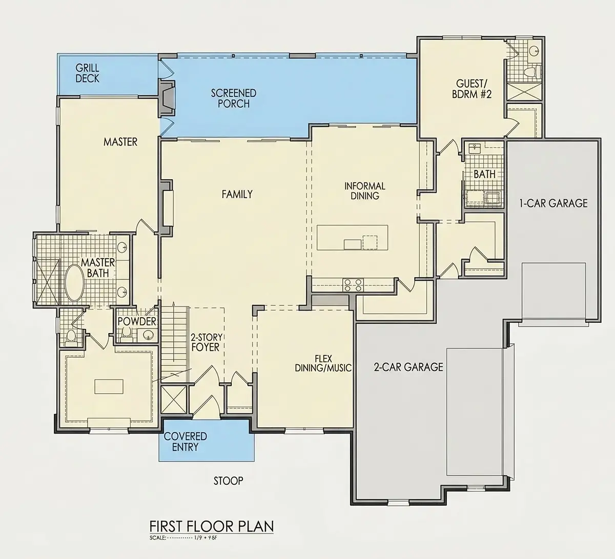 1. stāvs 14 – Divstāvu mājas projekts 381 m²: 4 Guļamistabas, 5 Vannasistabas, Atvērta virtuve, Garāža — 84914R